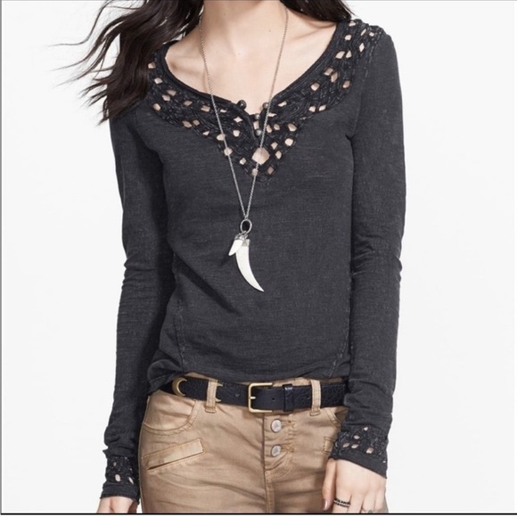 Free People Tops - Free People Luna Long Sleeve Henley Shirt Boho Cut-Out Top Distressed Black Gray